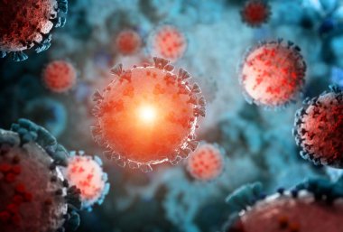 Coronavirus covid-19 hastalığının mikroskop görüntüsü. 2019-NCoV vücut hücresine yayılıyor. Bakterinin mikroskobik seviyede 3 boyutlu görüntülenmesi.