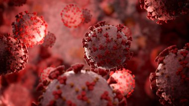 Coronavirus covid-19 hastalığının mikroskop görüntüsü. 2019-NCoV vücut hücresine yayılıyor. Bakterinin mikroskobik seviyede 3 boyutlu görüntülenmesi.