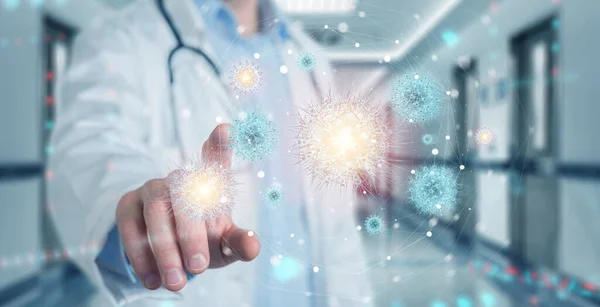 Doctor Blurred Background Analyzing Coronavirus Microscopic Close Rendering — Stock Photo, Image