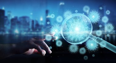 Karanlık arka plandaki adam büyüteç 3D görüntüleme yoluyla holografik koronavirüs projeksiyonunu analiz ediyor.