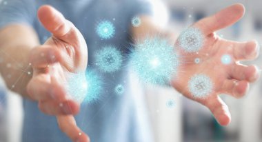 Bulanık arka plandaki adam dijital holografik projeksiyonla Coronavirus 'u analiz ediyor.