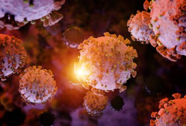 Coronavirus 'un mikroskobik seviyede 3 boyutlu görüntülenmesi. Covid-19 hastalığının mikroskop görüntüsü. 2019-nCoV vücut hücresine yayılıyor 