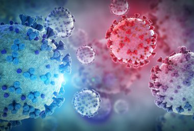 Coronavirus 'un mikroskobik seviyede 3 boyutlu görüntülenmesi. Covid-19 hastalığının mikroskop görüntüsü. 2019-nCoV vücut hücresine yayılıyor 