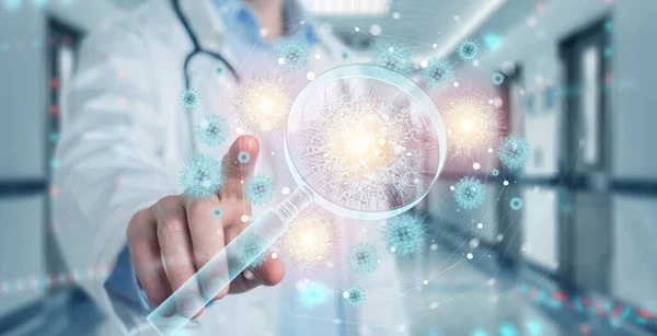 Doctor Blurred Background Analyzing Holographic Cell Projection Magnifying Glass Rendering — Stock Photo, Image