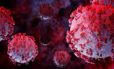 Coronavirus 'un mikroskobik seviyede 3 boyutlu görüntülenmesi. Covid-19 hastalığının mikroskop görüntüsü. 2019-nCoV vücut hücresine yayılıyor 