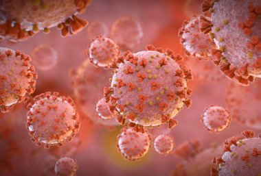 Coronavirus 'un mikroskobik seviyede 3 boyutlu görüntülenmesi. Covid-19 hastalığının mikroskop görüntüsü. 2019-nCoV vücut hücresine yayılıyor 