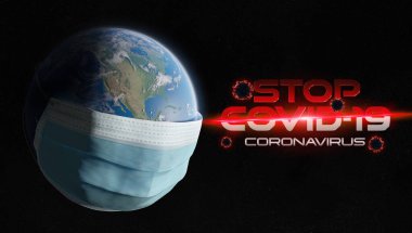 Dünya, Coronavirüs salgınından dolayı cerrahi bir maskeyle kaplandı. Covid-19 Birleşik Devletler 'e yayılıyor. 2019-Ncov, NASA tarafından desteklenen bu görüntünün 3 boyutlu elementlerini Dünya 'ya bulaştırıyor.