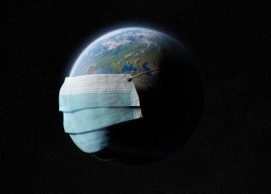 Dünya, Coronavirüs salgınından dolayı cerrahi bir maskeyle kaplandı. Covid-19 Avrupa 'da ülkeler arasında yayılıyor. 2019-Ncov, NASA tarafından desteklenen bu görüntünün 3 boyutlu elementlerini Dünya 'ya bulaştırıyor.