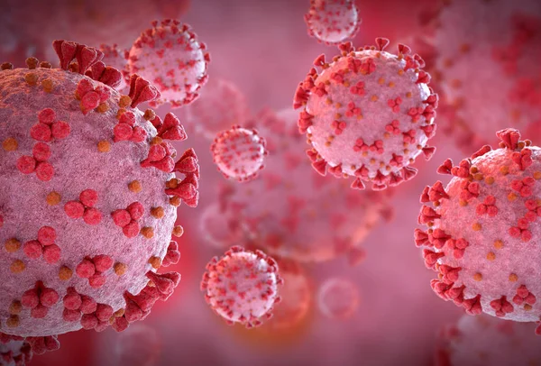 Coronavirus 'un mikroskobik seviyede 3 boyutlu görüntülenmesi. Covid-19 hastalığının mikroskop görüntüsü. 2019-nCoV vücut hücresine yayılıyor 