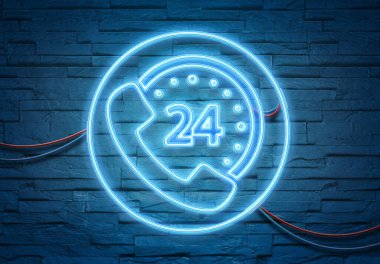 Tuğla bir duvarı mavi ve pembe ışıklı 3D renkle aydınlatan yardım hattı neon tüpleri simgesi
