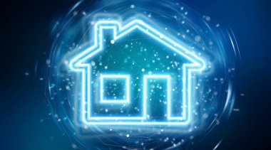 Mavi arkaplandaki gerçek dijital neon arayüzü 3B oluşturma