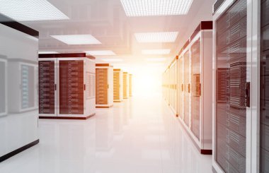 Beyaz sunucular veri merkezi oda parlak Halo ışık koridor 3D Rendering üzerinden gidiyor