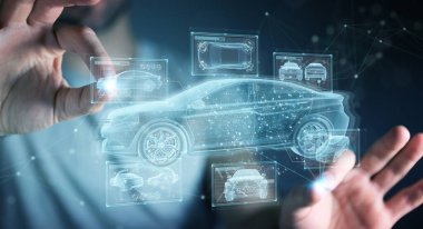 Karanlık arka planda tutulan ve holografik akıllı araba arayüzü projeksiyonuna dokunan adam 3D görüntüleme