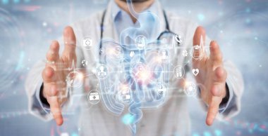 İnsan bağırsağı tarama projeksiyonunun dijital röntgenini kullanarak bulanık arkaplan üzerinde çalışan bir gastroenterolog.