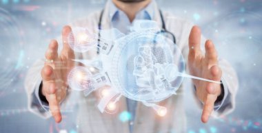 Bulanık arka plan tutuşu ve ellerindeki hologafik uzay gemisi projeksiyonuna dokunan bilim adamı