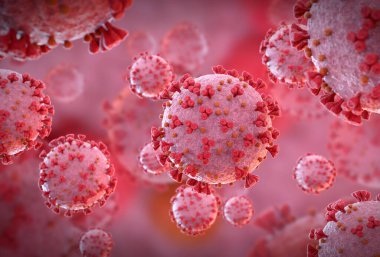 Coronavirus 'un mikroskobik seviyede 3 boyutlu görüntülenmesi. Covid-19 hastalığının mikroskop görüntüsü. 2019-nCoV vücut hücresine yayılıyor 