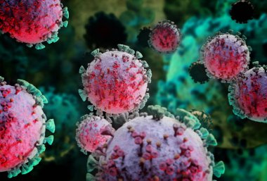 Coronavirus covid-19 hastalığının mikroskop görüntüsü. 2019-NCoV vücut hücresine yayılıyor. Bakterinin mikroskobik seviyede 3 boyutlu görüntülenmesi.
