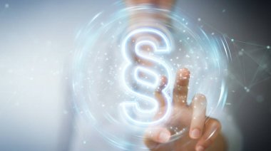 Woman on blurred background using law paragraph digital neon hologram 3D rendering