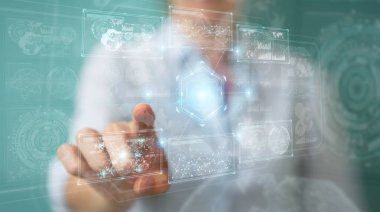 Bulanık arkaplandaki kadın, 3D görüntüleme ile dijital teknolojik arayüz kullanıyor