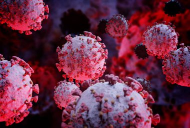 Coronavirus covid-19 hastalığının mikroskop görüntüsü. 2019-NCoV vücut hücresine yayılıyor. Bakterinin mikroskobik seviyede 3 boyutlu görüntülenmesi.