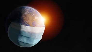 Dünya, Coronavirüs salgınından dolayı cerrahi bir maskeyle kaplandı. Covid-19 Birleşik Devletler 'e yayılıyor. 2019-Ncov, NASA tarafından desteklenen bu görüntünün 3 boyutlu elementlerini Dünya 'ya bulaştırıyor.