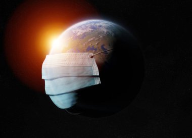 Dünya, Coronavirüs salgınından dolayı cerrahi bir maskeyle kaplandı. Covid-19 Avrupa 'da ülkeler arasında yayılıyor. 2019-Ncov, NASA tarafından desteklenen bu görüntünün 3 boyutlu elementlerini Dünya 'ya bulaştırıyor.