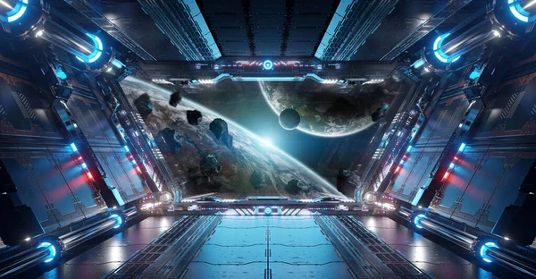 遠くの惑星系の窓からの眺めを持つ青と赤の未来的な宇宙船のインテリアNasaによって提供されたこの画像の3Dレンダリング要素 — ストック写真