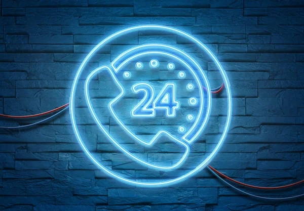 Tuğla bir duvarı mavi ve pembe ışıklı 3D renkle aydınlatan yardım hattı neon tüpleri simgesi