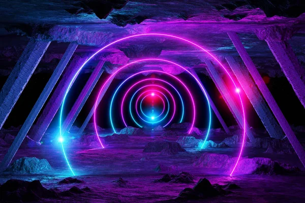 Abstract Background Blue Pink Neon Light Circles Reflecting Asteroid Spaceship — Stock Photo, Image