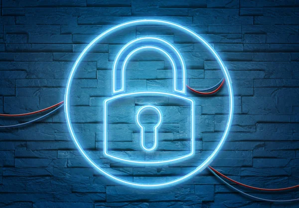 Web security neon tubes icon illuminating a brick wall with blue and pink glowing light 3D rendering