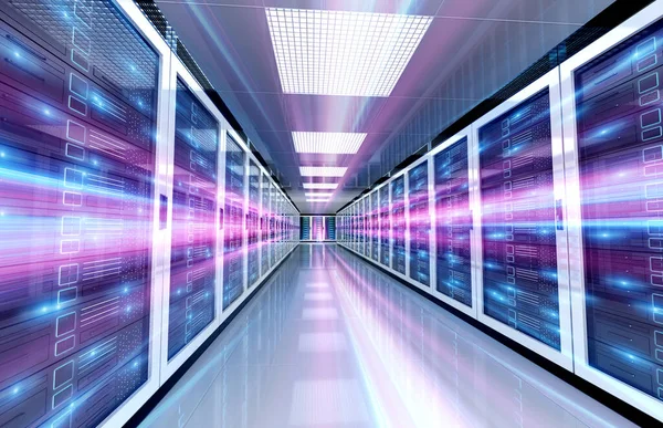 廊下3Dレンダリングを通過する明るい速度の光を備えたサーバーデータセンタールーム — ストック写真