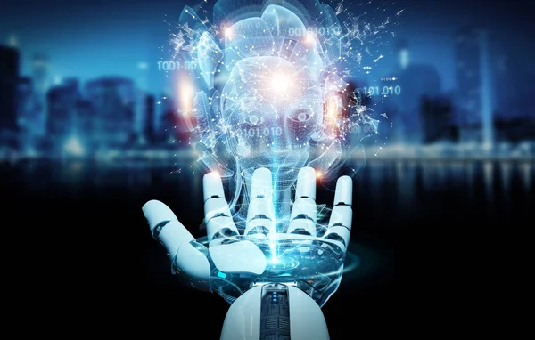 Cyborg Hand Auf Verschwommenem Hintergrund Mit Digitaler Künstlicher Intelligenz Holografische — Stockfoto
