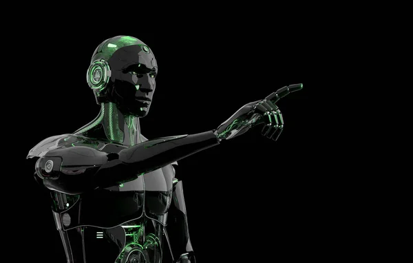 Robot Intelligent Noir Vert Cyborg Pointant Doigt Sur Fond Sombre — Photo