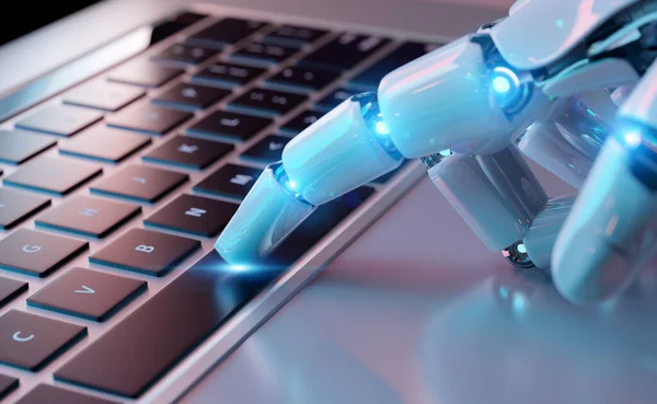 Mano Cyborg Robótica Presionando Teclado Una Renderización Portátil — Foto de Stock