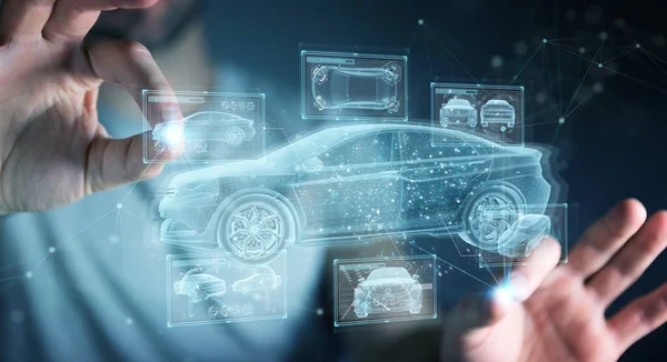 Mann Auf Dunklem Hintergrund Hält Und Berührt Holographische Smart Car — Stockfoto