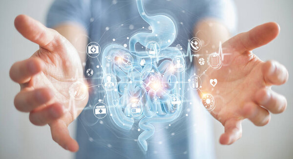 Man on blurred background using digital x-ray of human intestine holographic scan projection 3D rendering