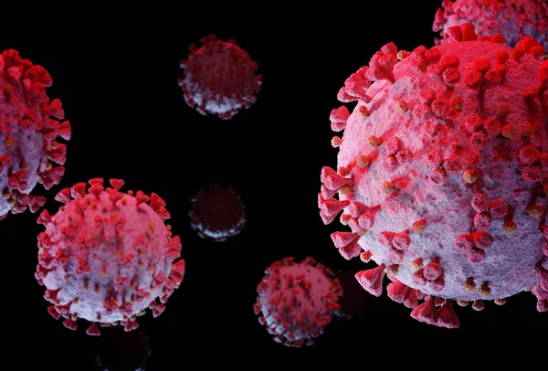 在孤立于黑色背景中的微观层面上对冠状病毒进行三维渲染 Covid 19疾病的显微镜特写 2019 Ncov在体细胞中扩散 — 图库照片