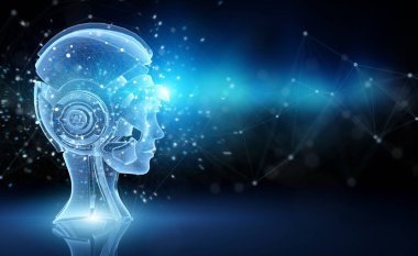 Mavi zemin üzerinde robot kafası olan yapay zeka holografik projeksiyonu