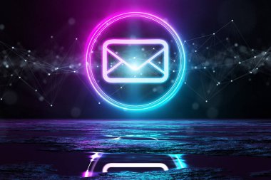 Dairedeki dijital e-posta holografik simgesi, yeri mavi ve pembe neon ışıkla aydınlatıyor.