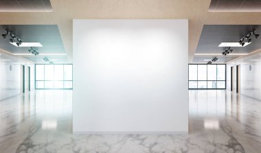 Parlak mermerden boş duvar ve ahşap ofis modeli. Büyük pencereler ve güneş 3D görüntüden geçiyor.