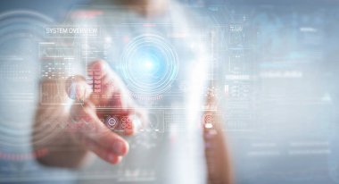 Bulanık arkaplan üzerinde çalışan işadamı 3D görüntüleme ile dijital teknolojik arayüz kullanıyor