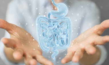 Woman on blurred background using digital x-ray of human intestine holographic scan projection 3D rendering clipart