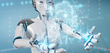 Dijital yapay zeka holografik projeksiyonunu kullanarak bulanık arkaplan üzerindeki Cyborg 3D görüntüleme
