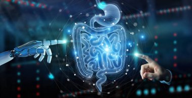 İnsan bağırsağı tarama projeksiyonunun dijital röntgenini kullanarak bulanık arkaplan üzerindeki robot 3D görüntüleme