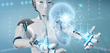 Bulanık arkaplanda dijital x-ray kafatası holografik tarama projeksiyonu 3D görüntüleme kullanan robot