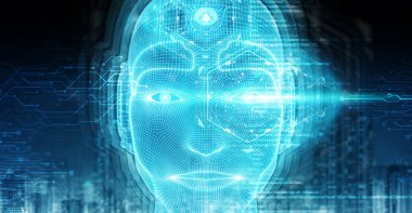 Yapay zeka kavramı 3B oluşturmayı temsil eden robot adam cyborg yüz