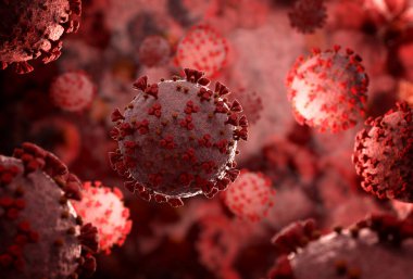 Coronavirus covid-19 hastalığının mikroskop görüntüsü. 2019-NCoV vücut hücresine yayılıyor. Bakterinin mikroskobik seviyede 3 boyutlu görüntülenmesi.