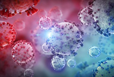 Coronavirus 'un mikroskobik seviyede 3 boyutlu görüntülenmesi. Covid-19 hastalığının mikroskop görüntüsü. 2019-nCoV vücut hücresine yayılıyor 