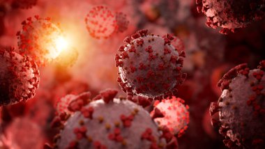 Coronavirus covid-19 hastalığının mikroskop görüntüsü. 2019-NCoV vücut hücresine yayılıyor. Bakterinin mikroskobik seviyede 3 boyutlu görüntülenmesi.