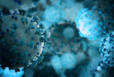 Coronavirus covid-19 hastalığının mikroskop görüntüsü. 2019-NCoV vücut hücresine yayılıyor. Bakterinin mikroskobik seviyede 3 boyutlu görüntülenmesi.